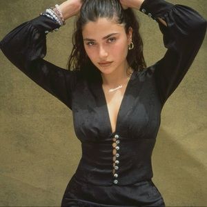 long sleeve black button front top